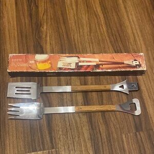 Vintage Stainless Steel and Wood BBQ Turner and Fork Set - Brown